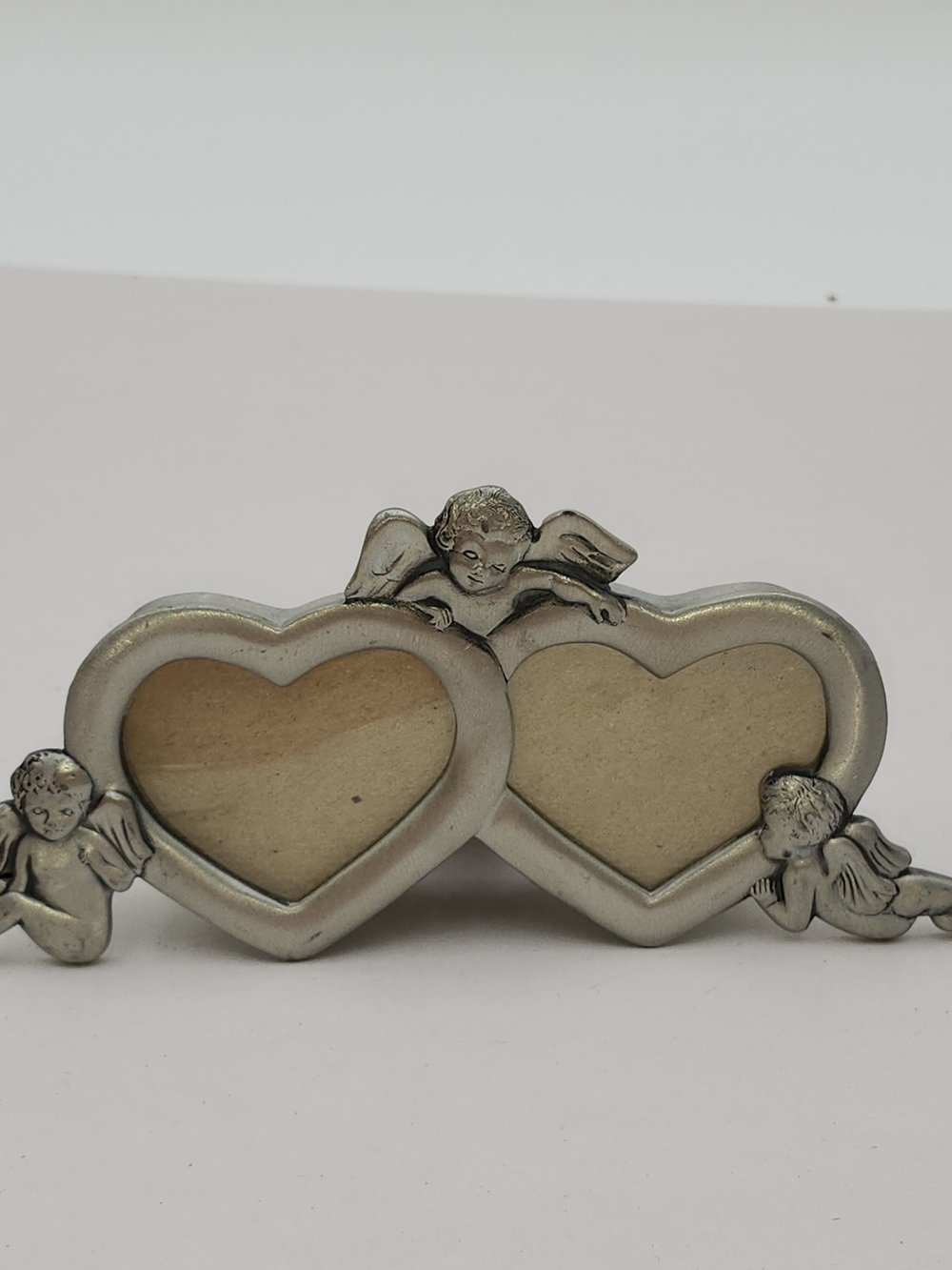 Vintage Double Heart Photo Frame with Cherubs - Silver Tone